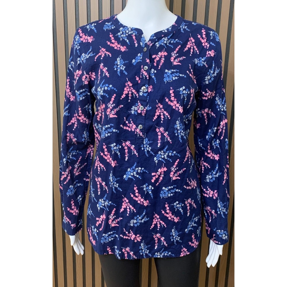 Talbots Women's Navy Blue Pink Floral Cotton Henley Tunic Blouse Top Size M